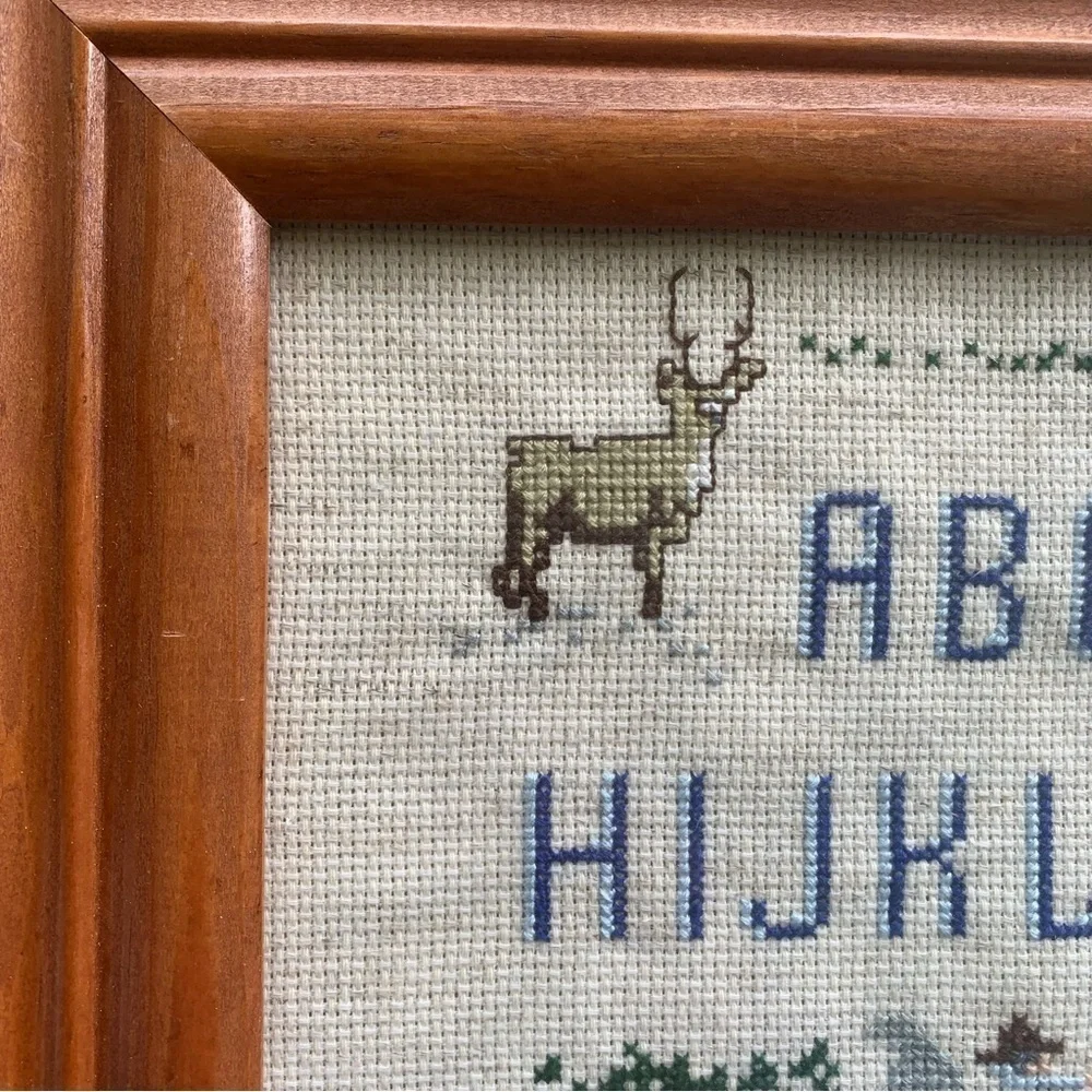Hand Stitched Needlepoint Alphabet Nature Sampler Handmade Kitschy Y2K Wall Hang